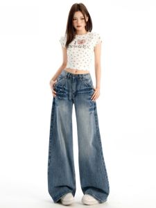Quần Jeans Ống Rộng Cạp Cao Phong Cách Mỹ Cổ Điển Cho Nữ Mùa Thu Quần Ống Thẳng Rộng Thiết Kế Mới Quần Jeans Denim