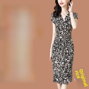 Elegant Silk Long Dress Womens Summer New Style Slim Fit Floral Print Midi Skirt V-Neck Short Sleeve High Waist Design