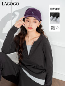 Lagogo Long Sleeve Knitted Casual Womens T-shirt Set V-neck Regular Fit Fashionable Commute Style Spring Autumn New Arrival