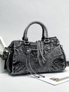 Retro Washed Denim Motorcycle Bag Heavy Duty Shoulder Crossbody Bag for Young Women Large Capacity Autumn Winter New Style