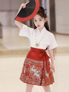 Girls Hanfu Summer Short Set Ming Dynasty Gold Weaving Half Skirt Childrens Traditional Costume Ancient Style New Arrival 2025