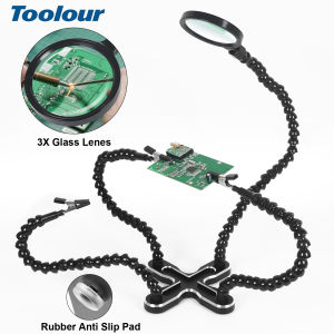 Toolour Helping Hands Soldering Tool Third Hands Solder Flexible Arms with 3X Magnifying Glass Clamping Base Welding PCB Holder