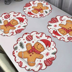 VIKAMA 4-Piece Christmas Gingerbread Man Wavy-Edge Placemats Holiday-Themed Family Dinner Table Decor and Accessories