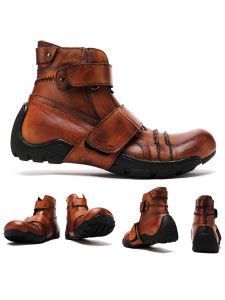 Casual Style Motorcycle Riding Shoes Mens Western Denim Marten Boots with Velcro Closure Abrasion Resistant Leather Sole for Youth and Middle-aged