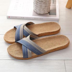 Linen Slippers Womens Summer Indoor Anti-Slip Thick Bottom Soft Bottom All Seasons Couple Cold Slippers Men Couple Home