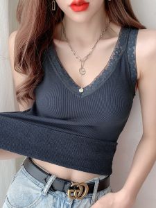 Fleece-lined Camisole Womens Winter Lace V-neck Patchwork Terry Thickening Slim Fit Slimming Thermal Top Base