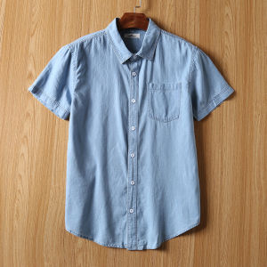 Tencel Fabric! Export Mens Clothing Factory Balance Cargo with Logo Cut off Thin Pure Cotton Short Sleeve Casual Denim Shirt Trendy