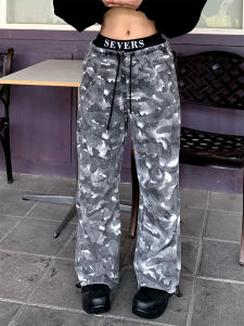 กางเกงทำงานลายพรางทรงหลวมเอวสูงสไตล์อเมริกันสำหรับผู้หญิง กางเกงขายาวทรงตรง ฤดูใบไม้ผลิและฤดูใบไม้ร่วง กางเกงขายาวทรงตรง
