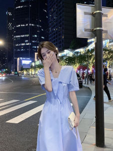Blue Navy Collar Dress with Bow Knot Waist Cinching Summer Design Korean Style A-Line Skirt Short Sleeve Casual Wear