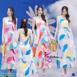 TW14171 เดรสยาวสายเดี่ยว ลายกราฟฟิก