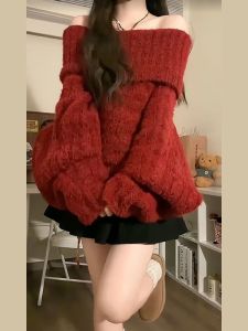 Christmas Plush Lazy Style Lamb Fur Knitted Sweater Womens Pure Color One-Shoulder Warmth-Bearing Long Sleeve Regular Fit