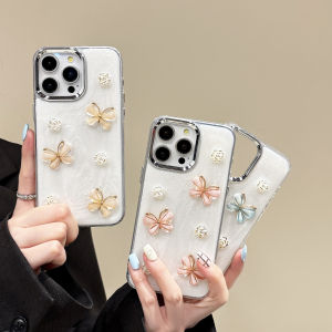 KISSCASE Plating Camellia Bow Clear Phone Case For iphone 15 14 13 12 Pro Max INS Style Metal Lens Frame Soft TPU Anti-fall Shockproof Back Cover For iphone 15 14 13 12