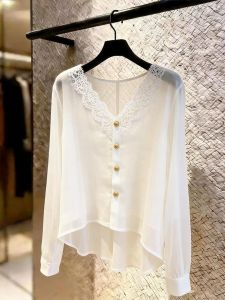 KUNAILIN | Casual Slim White Lace V-neck Shirt