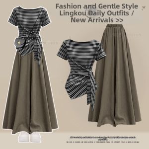 NUMEN BUTTON | Large Size Sweet Summer Casual Outfit Striped Top and A-Line Shorts Two Pieces