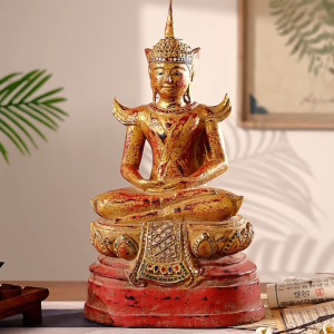 พระพุทธรูปไม้สักแกะสลับมือ ทรงสมาธิ สีโบราณ สำหรับประดับวัด หรือหิ้งพระ ขนาด 34x24x59 ซม.