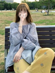 YUFUQING | Loose Fit Casual Blue Lantern Long Sleeve Round Neck T-Shirt Women Early Autumn New Style Comfortable Loose Personality Top