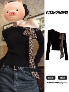 YUEZHONGWEI | French Off-Shoulder Leopard Print Bow Knitted Top