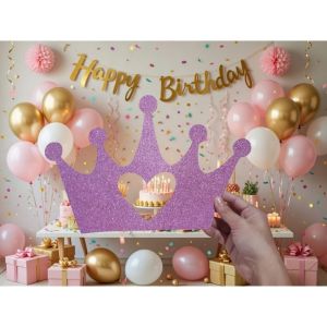 Crown glittered cutout birthday backdrop with heart-shaped cutout pink and gold balloons "Happy Birthday" banner and festive decorations.