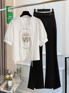 plus Size Womens Fashion Set with Button Shirt And Micro Flare Pants for Slimming And Concealing Chinese National Style