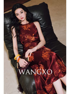 WANGXO | Đầm Tay Pleated Hoa Bóng Lụa Đôi Mặt