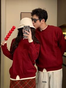 Engagement Party Couple Matching Knitted Sweater round Neck Color Block Christmas Red Festive Celebration Two-Piece Look