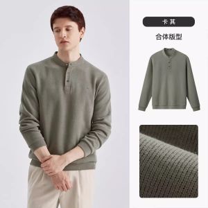 เสื้อยืดคอกลมแขนยาวฤดูใบไม้ร่วง/ฤดูหนาวสำหรับผู้ชาย คอกลม ทรงหลวม ผ้าถัก ผ้าฝ้ายผสมโพลีเอสเตอร์ แฟชั่นสตรีท ลำลอง