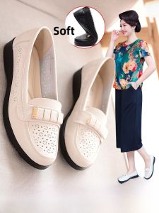 SHIPAILUO | Spring Summer Womens Single Shoes Genuine Leather Flat Bottom Hollow Out Comfortable Mid-aged And Elderly Leather Sandals