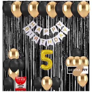 Paket Set Dekorasi Backdrop Pesta Balon Ulang Tahun Anak Banner Happy Birthday Putih Tirai Hitam