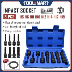 Hex Allen Bit Sockets 8pc 1/2" Drive Impact Allen Bit Socket Set with H5 H6 H8 H10 H12 H14 H17 & H19 Sockets Cr-Mo Steel Impact Metric Allen Socket Set for Socket Head Cap Bolt