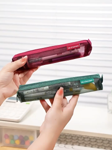MUSASI Simple Storage Pen Bag Zipper Pouch Mesh Transparent Pencil Case Cute Pen Box Stationery Bag Students Gift