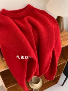 Christmas New Year Red round Neck Pullover Sweater Womens Autumn Winter Soft Cozy Atmosphere Knitted Shirt Korean Style Straight Cut Long Sleeve