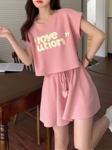 Fashionable Sporty Shorts Set Sweet And Salty Short Sleeve Two Piece Womens Summer Outfit Polyester Fiber round Neck Pullover