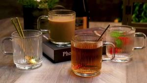 1pc Glass Coffee Mug with Handle 12oz Vertical Stripes Tea Mug for Hot/Cold Beverages Americano Latte Cappuccino Drinkware