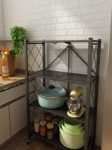 Foldable Kitchen Storage Rack Carbon Steel Multi Layer Shelf Organizer with Wheels Heavy Duty Microwave Stand Pantry Rack