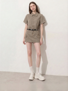 D-PLAY | Khaki Color Leisure Turn-Down Collar Denim Dress