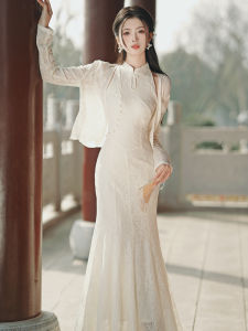 ชุดเดรสยาวสไตล์จีนใหม่พร้อมกระโปรงทรงหางปลา ชุดราตรีหรูหรา ชุดเดรสยาวทรงเอเอวสูง แขนยาว ปกโปโล ทรงเอ