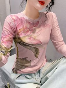 Fashionable Long Sleeve Printed T-Shirt Womens Slim Fit Floral Mesh Base Shirt Street Style round Neck Winter Season Regular Length