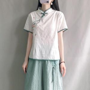 Retro Floral Cotton Linen Shirt Chinese Zen Style Stand Collar Button Short Sleeve Top Summer Womens Fashion Tee