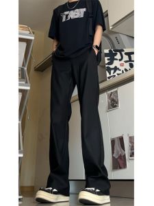 Mens Slim Fit Straight Leg Micro Flared Casual Pants Summer Thin Black High Quality Ice Silk Drapey Comfortable Breathable