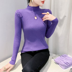 Quần áo mùa thu và mùa đông yimei: Áo len đính hạt móng tay Áo Thun Nữ Áo dệt kim phong cách Hàn Quốc cổ áo cao tay áo dài đa năng thời trang áo phiên bản mới 2024