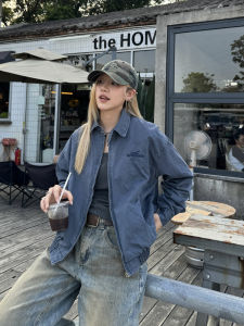 Washed Vintage Workwear Harrington American Style Jacket Short Boxy Mens Outerwear Streetwear Loose Fit Long Sleeve Zipper