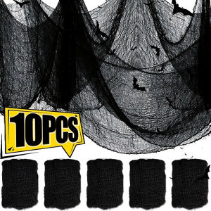 ผ้าก๊อซฮาโลวีนสีดำน่ากลัว76X198cm ผ้าใยแมงมุมตกแต่งแมงมุมตาข่ายสีดำสยองขวัญฮาโลวีนของตกแต่งงานปาร์ตี้บ้าน10ชิ้น