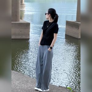 YUFUQING | Korean Style High Waist Straight Leg Casual Pants Set Womens Short Sleeve T-Shirt Two-Piece Set Summer Fashion Ensemble