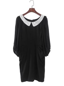 ชุดเดรสผ้าชีฟองคอตุ๊กตาเพชรสุดเก๋สำหรับฤดูใบไม้ร่วง กระโปรงทรงเอเอวสูง แขนยาว ความยาวปานกลาง สไตล์ทำงาน