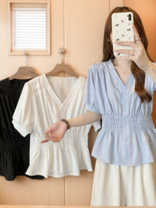 French Style Short Sleeve Chiffon Shirt Summer New plus Size Womens Fashion Slim Fit V-Neck Cover Belly Tummy Shirt