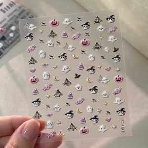 2Pcs Halloween Ghost Pumpkin Spiderweb Nail Stickers Witch Cat Candy Star Moon Heart Nails Decal Sweet Girl Manicure Decoration