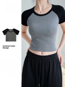 miiow | Slim Fit Short Sleeve Round Neck T-Shirt Womens Color Block Base Shirt Elastic Summer Top Cat Person MiiOW Simple Style
