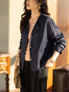 Retro Hong Kong Style Fashionable Denim Satin Short Jacket Womens Autumn New High-End Versatile Casual Elegance Top