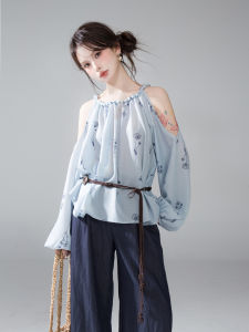 Loose OneShoulder Long Sleeve Sun Protection Print Shirt Elegant Style Polyester Fabric Lantern Sleeve round Neck Regular Length