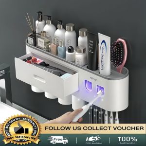 Wall-mounted toothbrush holder with 2 toothpaste dispenser punch-free bathroom storage for home waterproof accessories